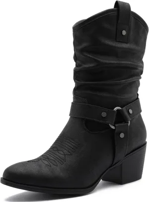 GLOBALWIN Women's Mid Calf The Western Cowgirl Boots Fashion Cowboy Boots For Women Chunky Low Heel