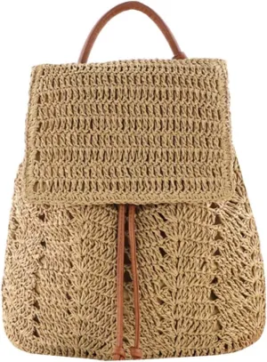 Goclothod Fashion Straw Backpack for Women Drawstring Shoulder Bag Bohemian Beach Handbags