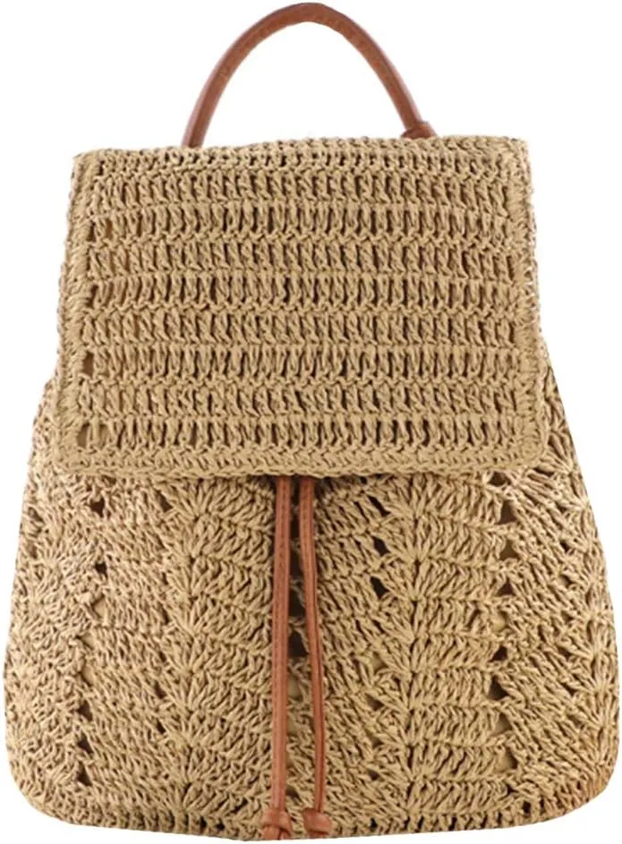 Goclothod Fashion Straw Backpack for Women Drawstring Shoulder Bag Bohemian Beach Handbags