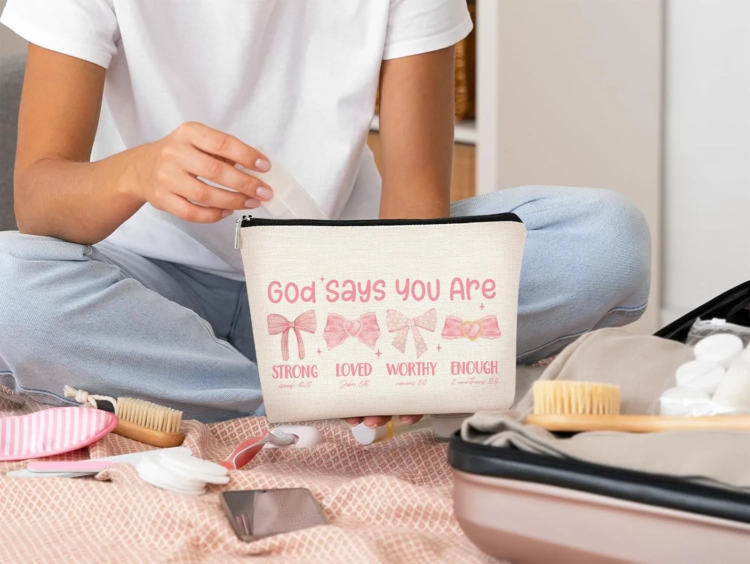 God Says You are Preppy Stuff Pink Coquette Bow Makeup Bag, Coquette Accessories,Christian Gifts for Women, Cute Bag, Trendy Makeup Bag, Preppy Christmas Stuff,Cute Makeup Pouch