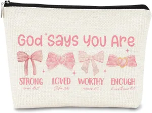 God Says You are Preppy Stuff Pink Coquette Bow Makeup Bag, Coquette Accessories,Christian Gifts for Women, Cute Bag, Trendy Makeup Bag, Preppy Christmas Stuff,Cute Makeup Pouch