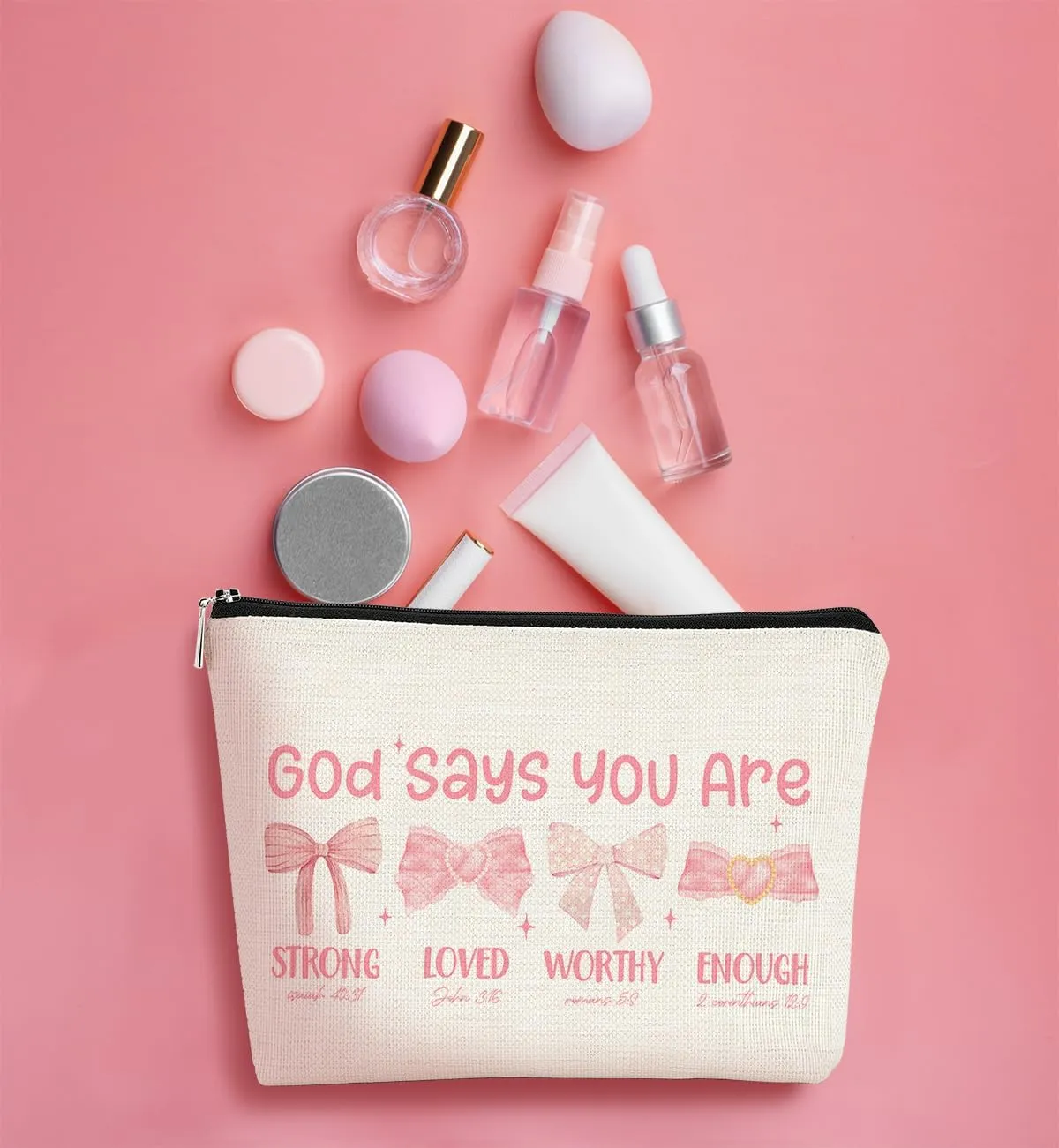 God Says You are Preppy Stuff Pink Coquette Bow Makeup Bag, Coquette Accessories,Christian Gifts for Women, Cute Bag, Trendy Makeup Bag, Preppy Christmas Stuff,Cute Makeup Pouch