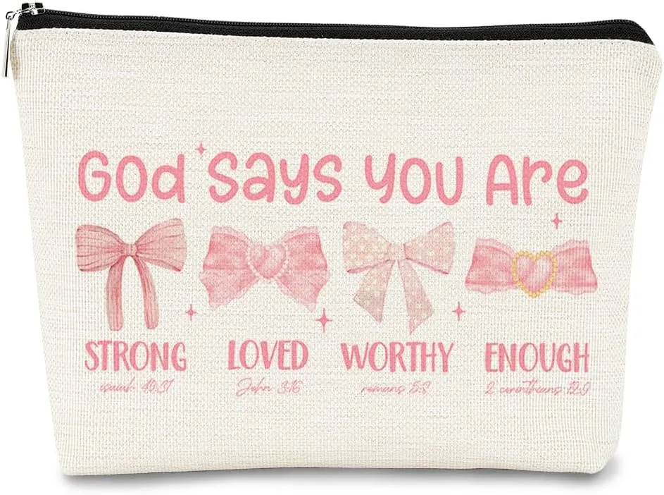 God Says You are Preppy Stuff Pink Coquette Bow Makeup Bag, Coquette Accessories,Christian Gifts for Women, Cute Bag, Trendy Makeup Bag, Preppy Christmas Stuff,Cute Makeup Pouch