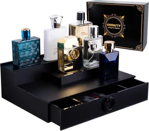 GOH&FTY Waterproof 3-Tier Cologne Organizer for Men-5MM Matte Black Acrylic with Anti-Fingerprint Hidden Compartments&Drawers, 12" Bathroom/Dresser Display Case (Holds 13  Perfumes, Luxury Gift Box)