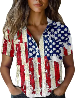 GOKKILRW 4th of July Womens Shirts USA Patriotic Outfits Button Down Short Sleeve Funny Hawaiian T-Shirts Beach Travel Tops