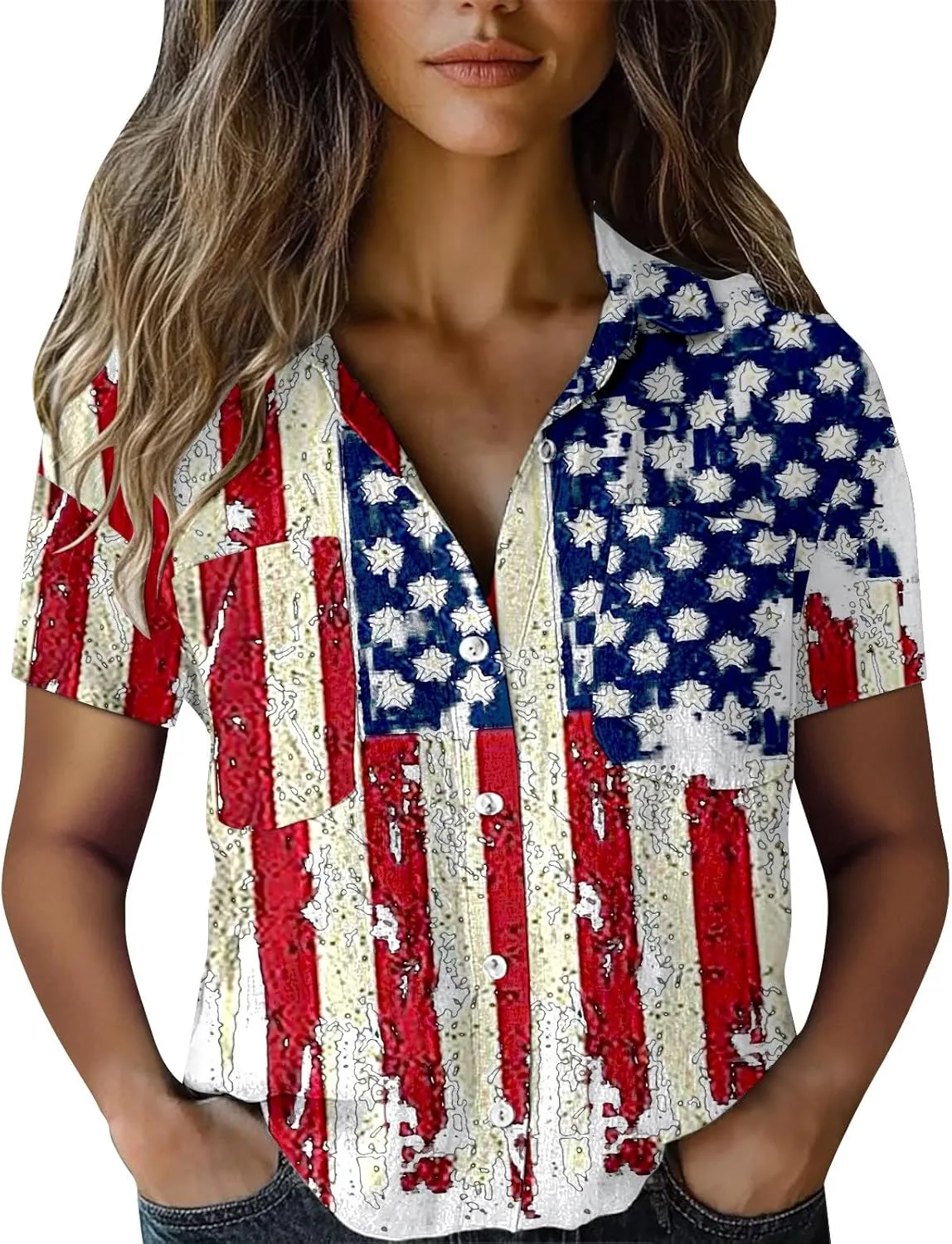 GOKKILRW 4th of July Womens Shirts USA Patriotic Outfits Button Down Short Sleeve Funny Hawaiian T-Shirts Beach Travel Tops
