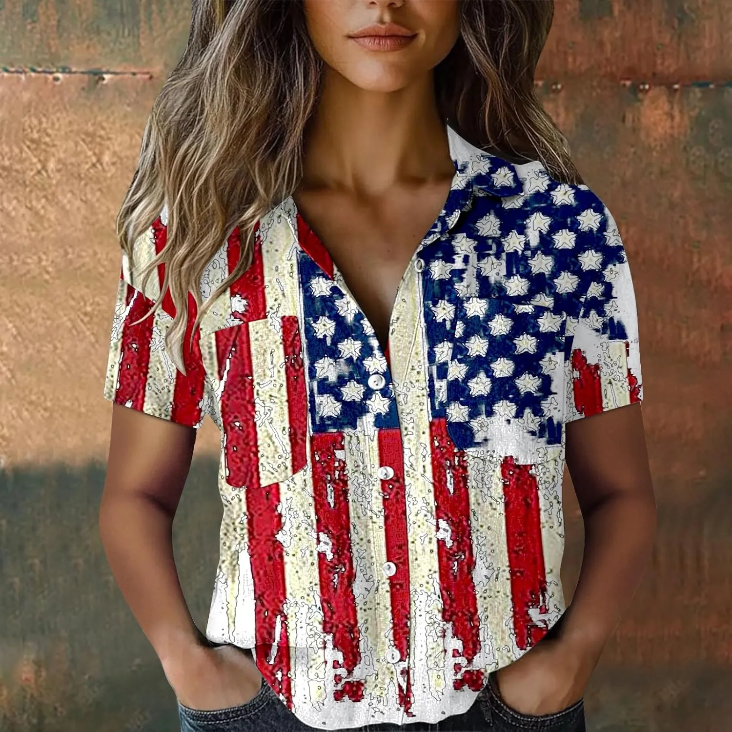 GOKKILRW 4th of July Womens Shirts USA Patriotic Outfits Button Down Short Sleeve Funny Hawaiian T-Shirts Beach Travel Tops