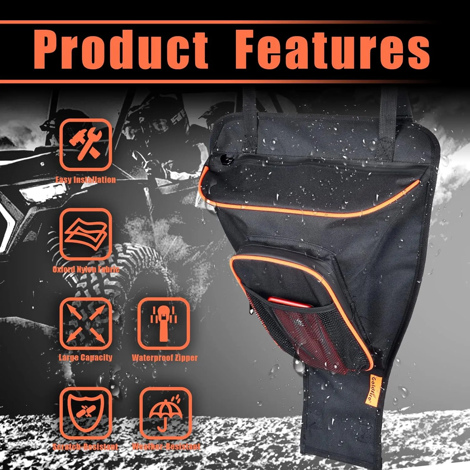 Goldfire RZR XP Accessories,1680D UTV Gear Bag Cab Pack Center Seat Storage Tool Bag Between Seat Shoulder Bag For Polaris Razor 570 800 S 900 1000 XP (Orange Piping)
