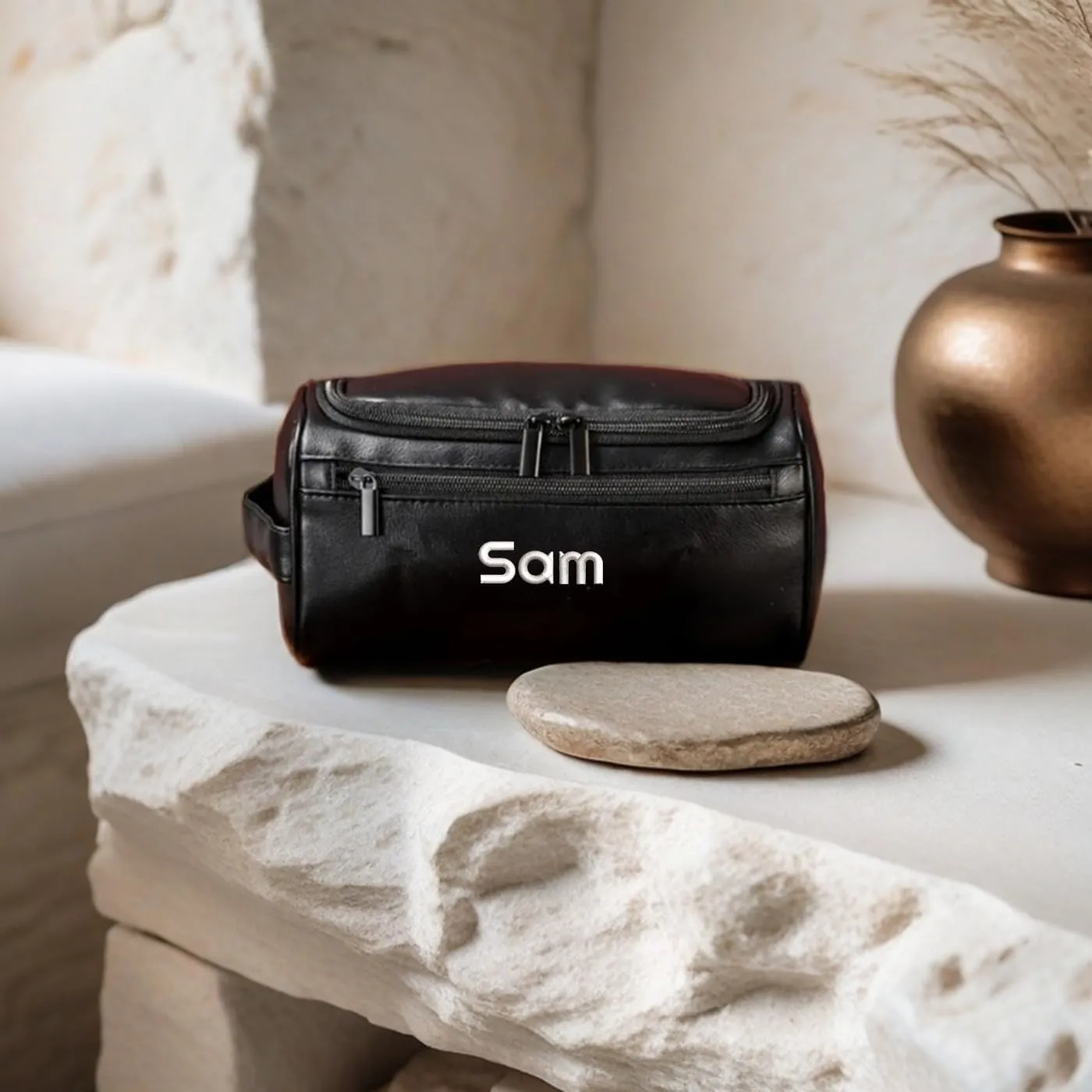 GOPHIE Personalized Embroidered Men's Leather Toiletry Bag,Travel Toiletry Bag for Men,PU Leather Waterproof Travel Shaving Dopp Kit (1, Black)