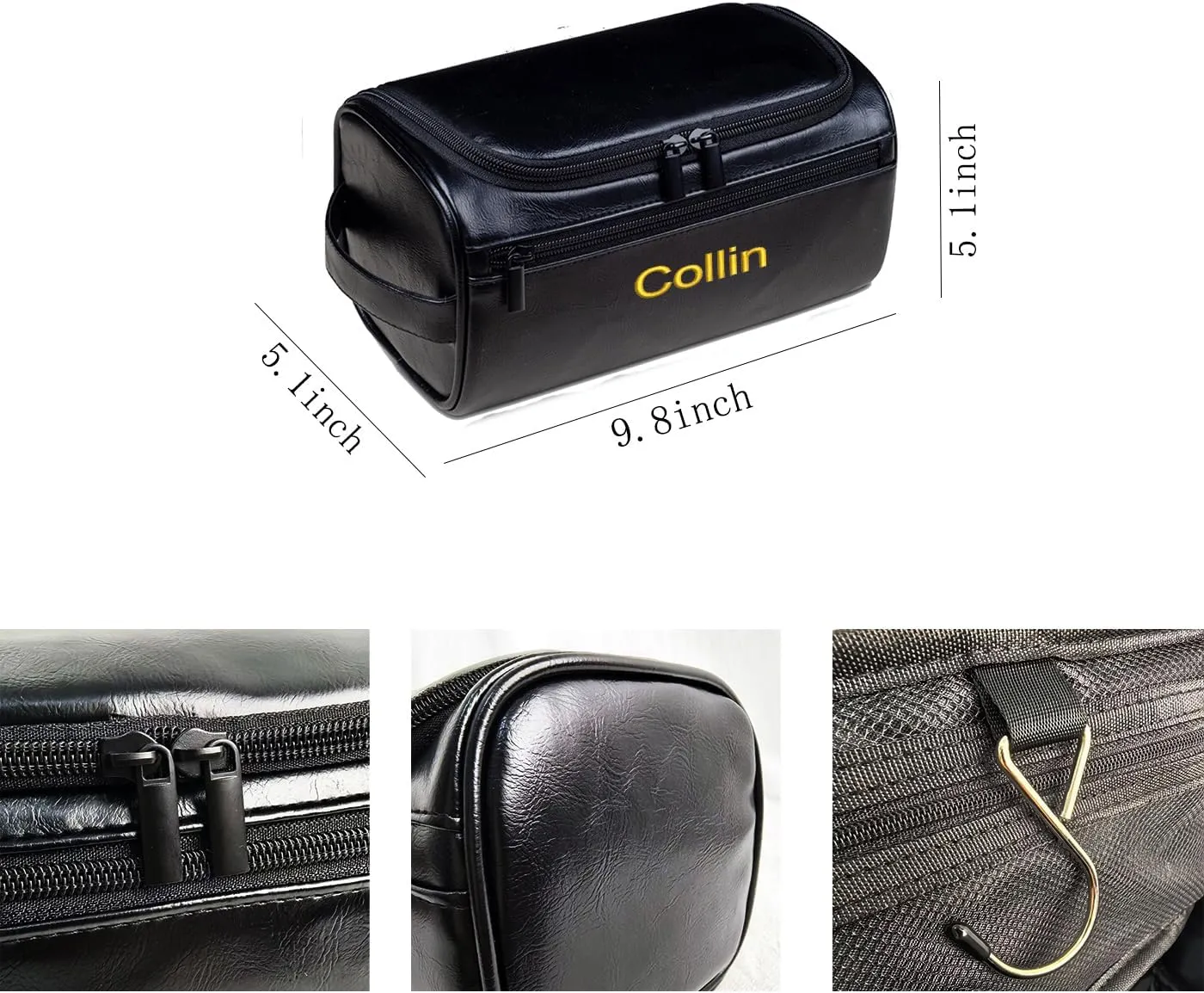 GOPHIE Personalized Embroidered Men's Leather Toiletry Bag,Travel Toiletry Bag for Men,PU Leather Waterproof Travel Shaving Dopp Kit (1, Black)