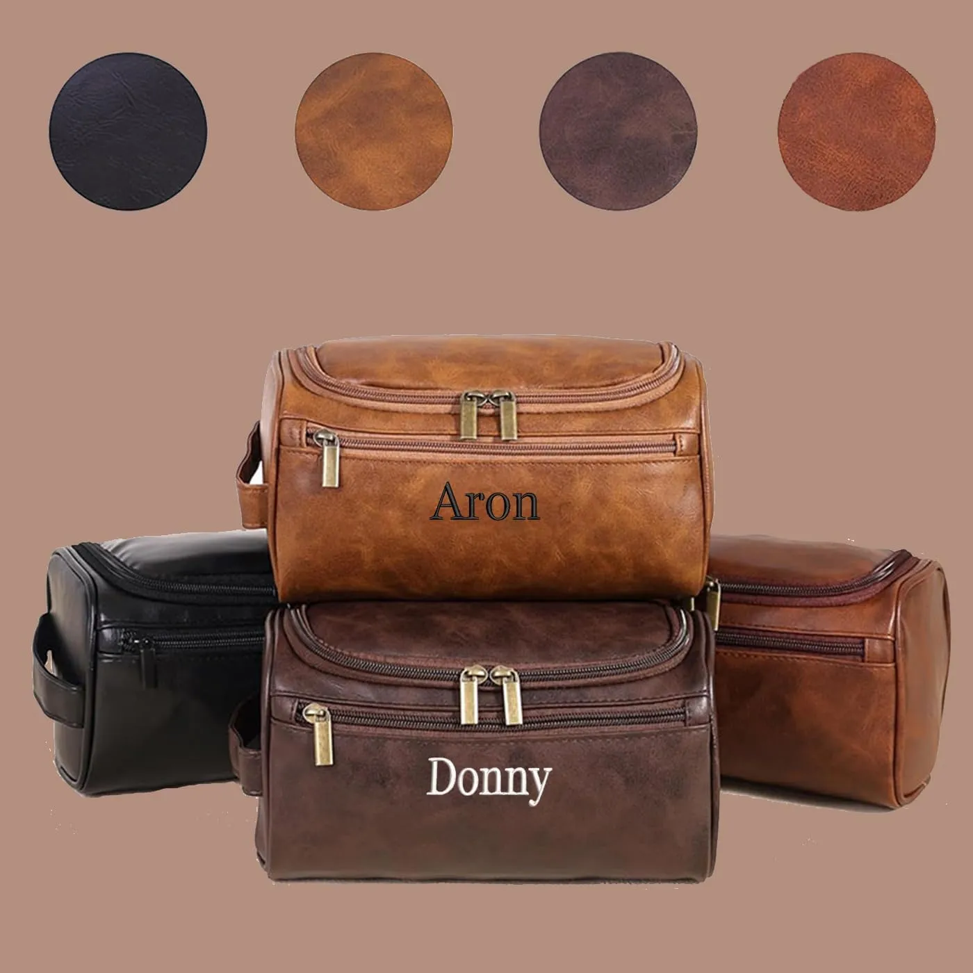 GOPHIE Personalized Embroidered Men's Leather Toiletry Bag,Travel Toiletry Bag for Men,PU Leather Waterproof Travel Shaving Dopp Kit (1, Black)