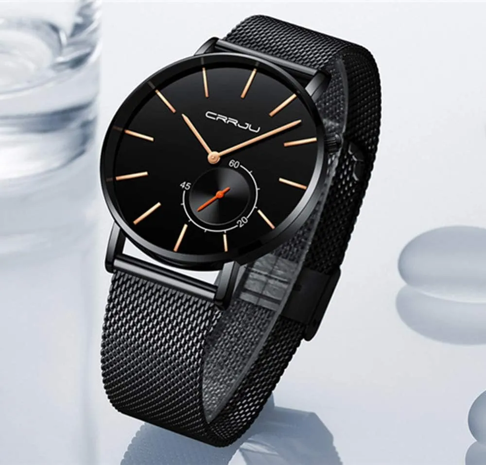 Gosasa Mens Minimalist Quartz Watch Black/Rose Gold Stainless Steel Mesh Strap Sport Casual Thin Dial Watches