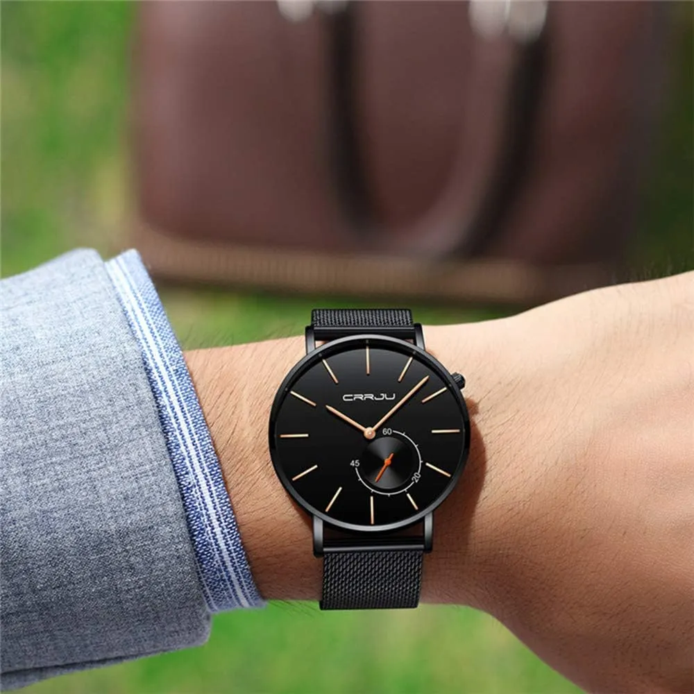 Gosasa Mens Minimalist Quartz Watch Black/Rose Gold Stainless Steel Mesh Strap Sport Casual Thin Dial Watches