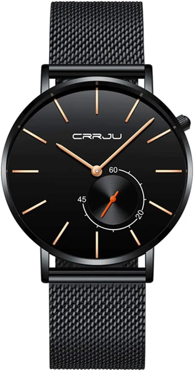 Gosasa Mens Minimalist Quartz Watch Black/Rose Gold Stainless Steel Mesh Strap Sport Casual Thin Dial Watches