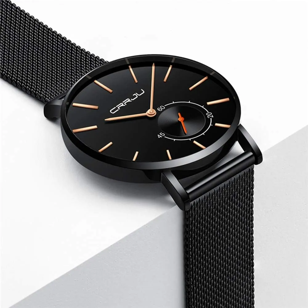 Gosasa Mens Minimalist Quartz Watch Black/Rose Gold Stainless Steel Mesh Strap Sport Casual Thin Dial Watches