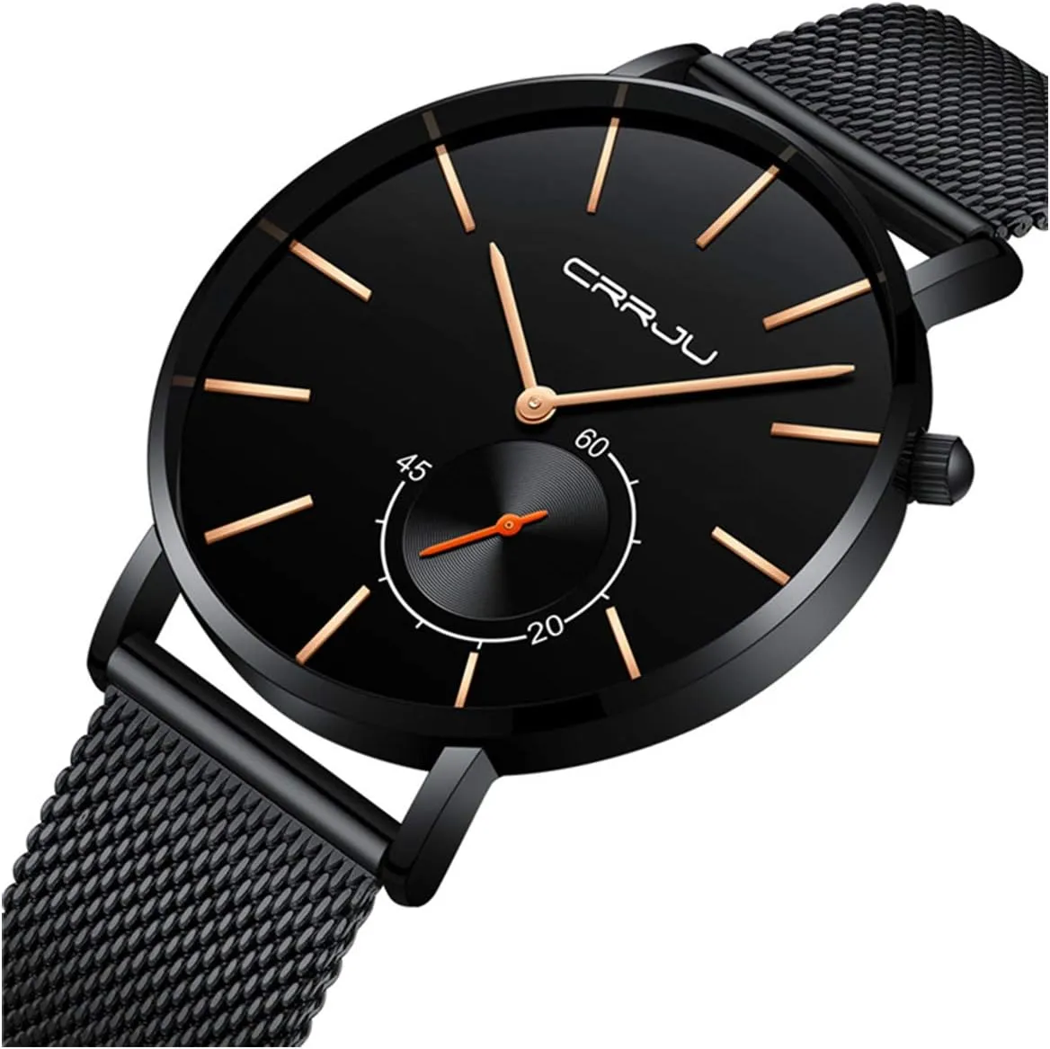 Gosasa Mens Minimalist Quartz Watch Black/Rose Gold Stainless Steel Mesh Strap Sport Casual Thin Dial Watches