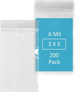 GPI - 6 Mil, Extra Heavy-Duty, 3" X 5" Clear Plastic Reclosable Zip Bags, Puncture-Resistant, Strong Resealable Poly Bags, With Lock Zipper Seal, For Screws, Nuts, Bolts & Constuction, 200 Count.