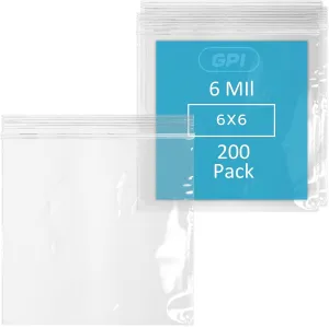 GPI - 6 Mil, Extra Heavy-Duty, 6" X 6" Clear Plastic Reclosable Zip Bags, Puncture-Resistant, Strong Resealable Poly Bags, With Lock Zipper Seal, For Screws, Nuts, Bolts & Constuction, 200 Count.