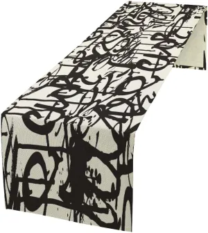 Graffiti Inkjet Table Runner, Black White Hip Hop Hippie Modern Abstract Messy Pattern Print Table Decor, Cotton Linen Tablerunner for Dinning Room, Kitchen, Living Room, 13x70in