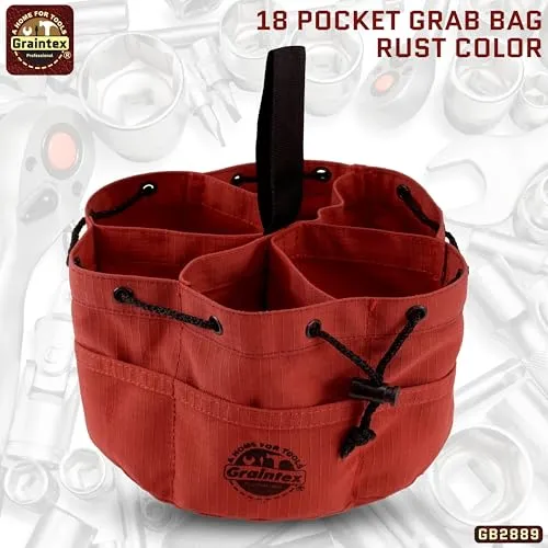 Graintex GB2889 18 Pockets Grab Bag Rust Color Rip-stop Canvas Drawstring Closure, Small Parts Organizer Bag, Parachute Bag for Screws, Small Tools, Small Parts, Parachute Tool Bag