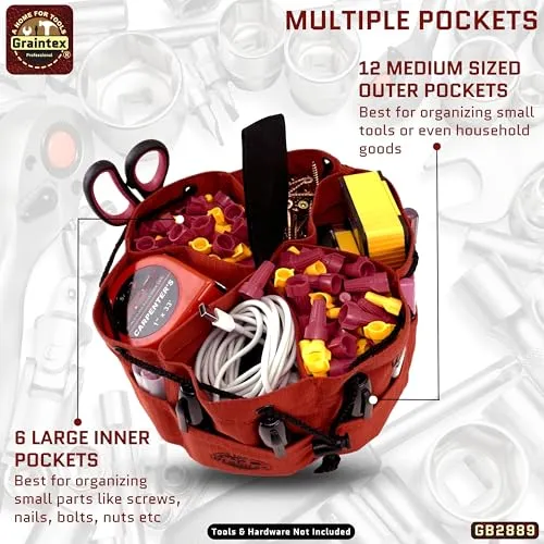 Graintex GB2889 18 Pockets Grab Bag Rust Color Rip-stop Canvas Drawstring Closure, Small Parts Organizer Bag, Parachute Bag for Screws, Small Tools, Small Parts, Parachute Tool Bag