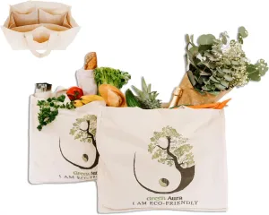 Green Aura 2 Reusable Grocery Shopping Bags, Washable, Foldable & Heavy Duty Canvas Grocery Bags With Handles, Set of 2 (L) Bags
