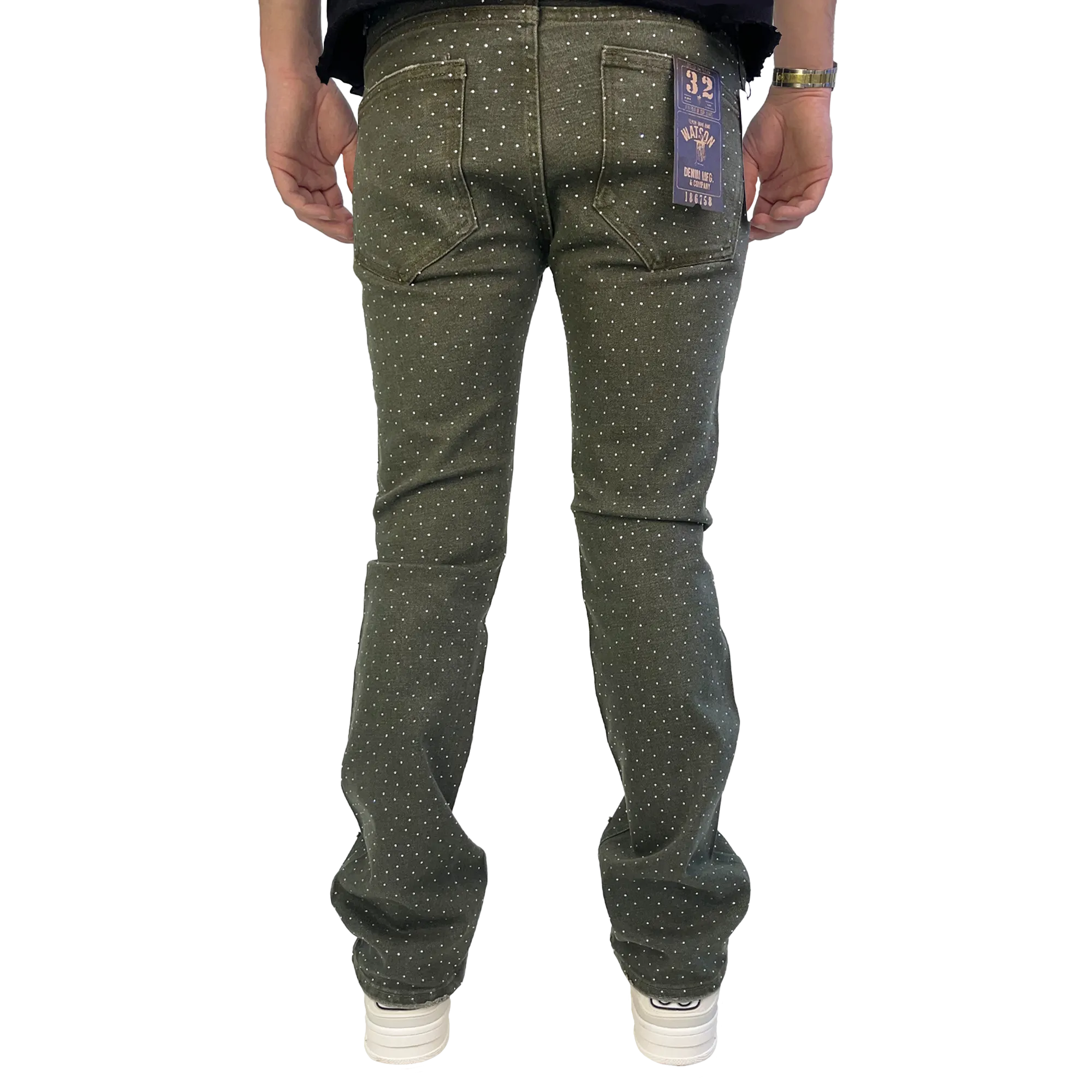 GREEN EMBELLISHED RHINESTONE CRYSTAL WATSON DENIM