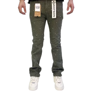 GREEN EMBELLISHED RHINESTONE CRYSTAL WATSON DENIM