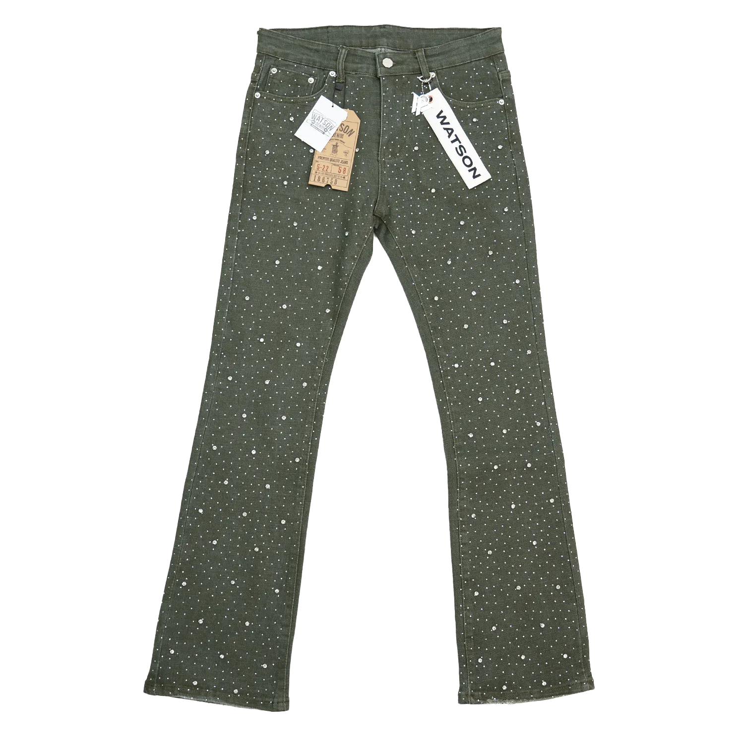 GREEN EMBELLISHED RHINESTONE CRYSTAL WATSON DENIM
