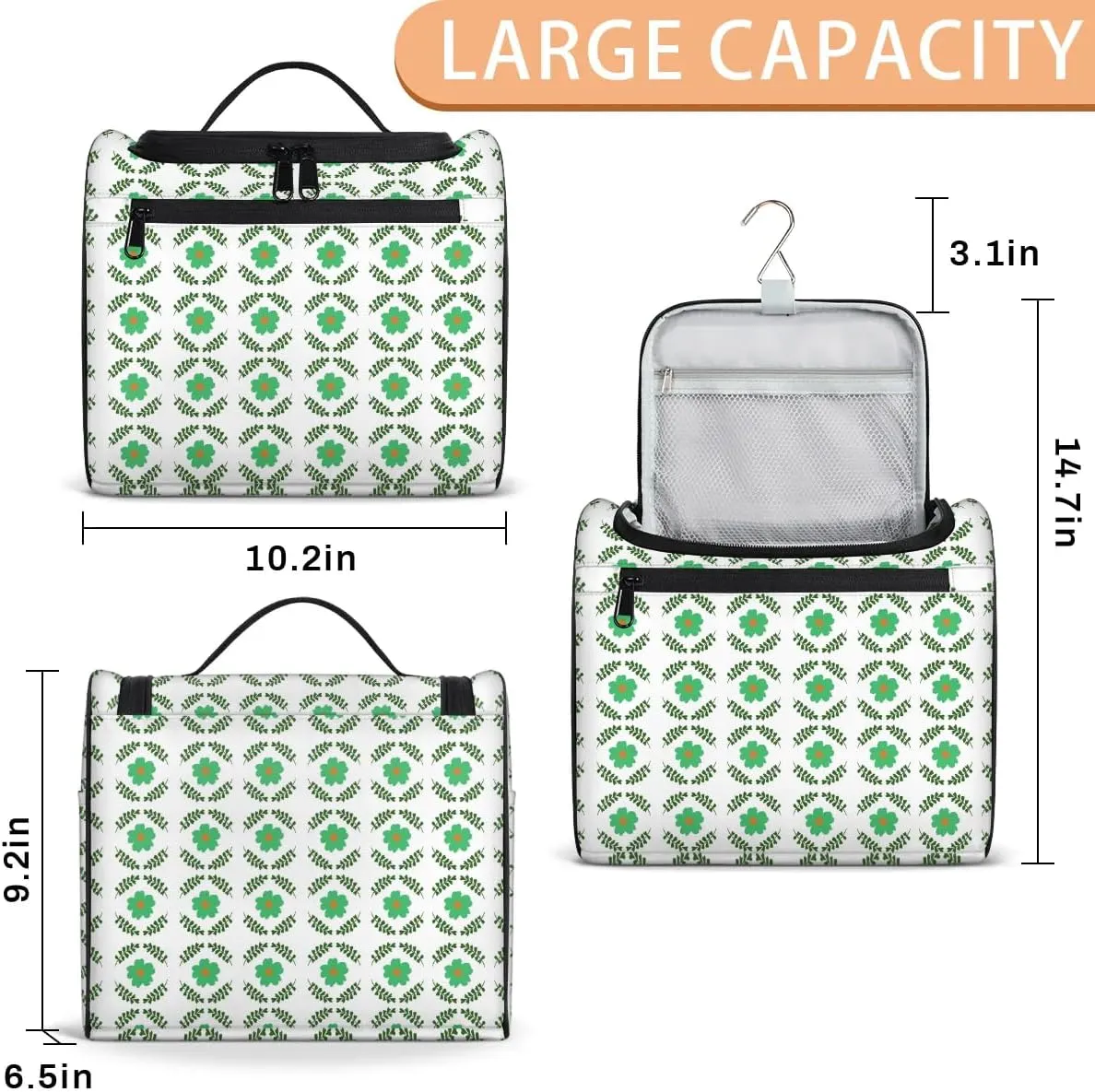 Green Floral Hanging Toiletry Bag Wash Makeup Bag for Women Men Cute Leaves Travel Cosmetics Bag Shaving Bag Organizer Kit for Accessories, Cosmetics, Travel Essentials