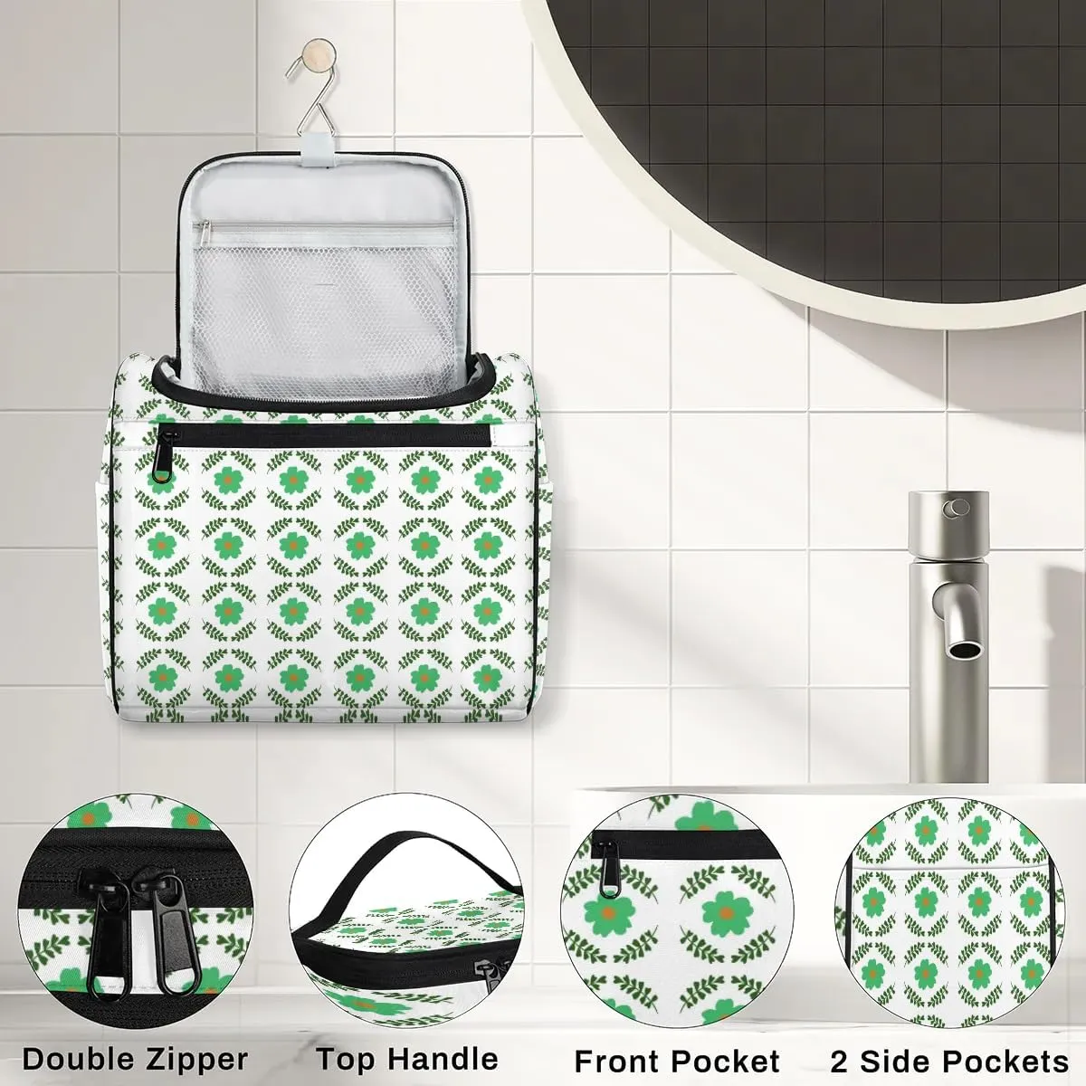 Green Floral Hanging Toiletry Bag Wash Makeup Bag for Women Men Cute Leaves Travel Cosmetics Bag Shaving Bag Organizer Kit for Accessories, Cosmetics, Travel Essentials