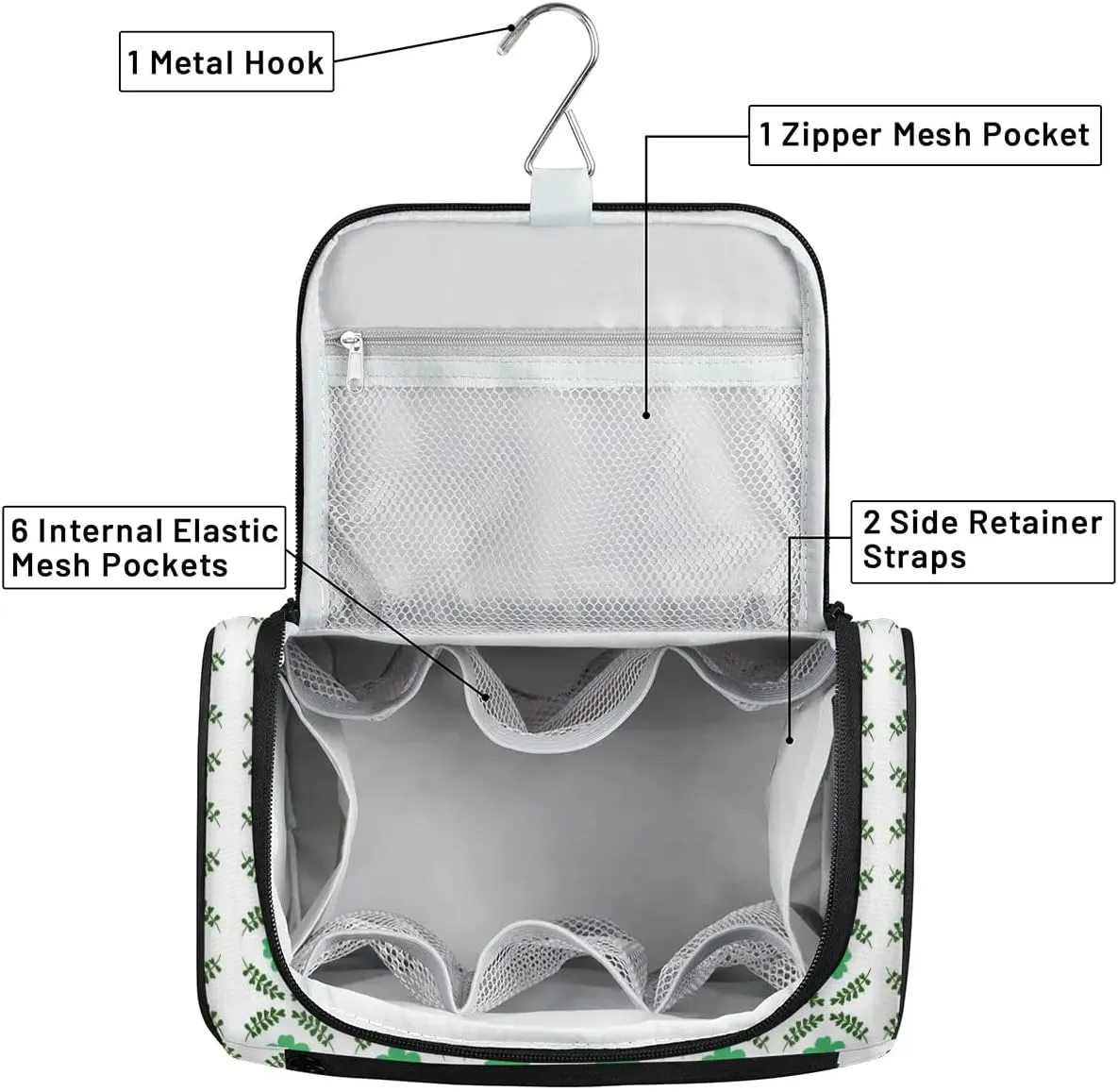 Green Floral Hanging Toiletry Bag Wash Makeup Bag for Women Men Cute Leaves Travel Cosmetics Bag Shaving Bag Organizer Kit for Accessories, Cosmetics, Travel Essentials