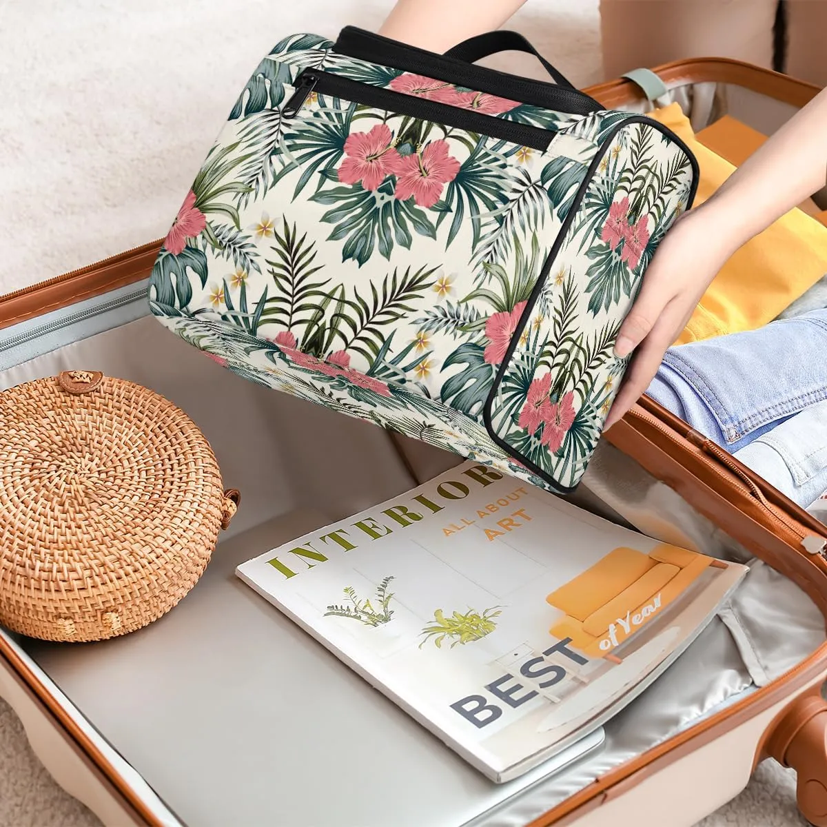 Green Palm Tropic Leaves Jungle Large Travel Toiletry Bag for Women, Travel Organizer for Toiletries, Waterproof Makeup Cosmetic Bag with Handle, Summer