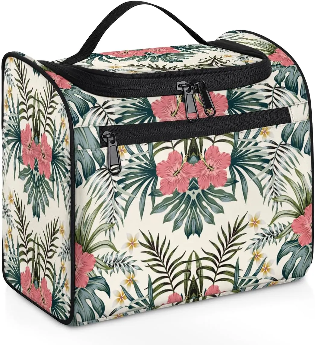 Green Palm Tropic Leaves Jungle Large Travel Toiletry Bag for Women, Travel Organizer for Toiletries, Waterproof Makeup Cosmetic Bag with Handle, Summer