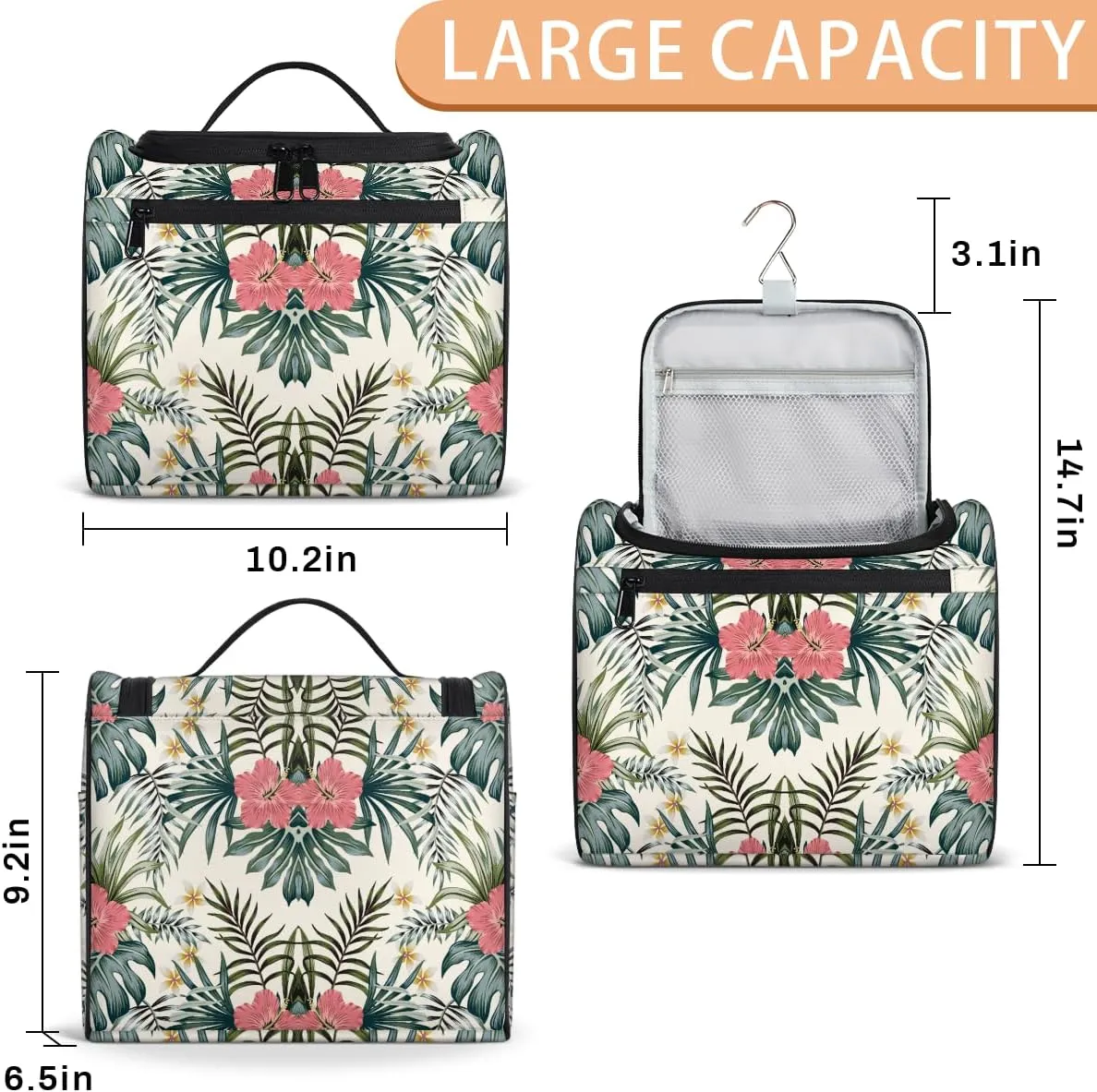 Green Palm Tropic Leaves Jungle Large Travel Toiletry Bag for Women, Travel Organizer for Toiletries, Waterproof Makeup Cosmetic Bag with Handle, Summer