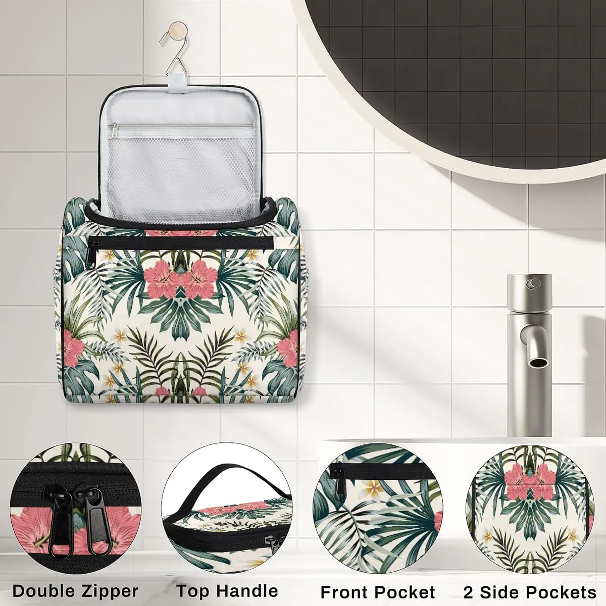 Green Palm Tropic Leaves Jungle Large Travel Toiletry Bag for Women, Travel Organizer for Toiletries, Waterproof Makeup Cosmetic Bag with Handle, Summer