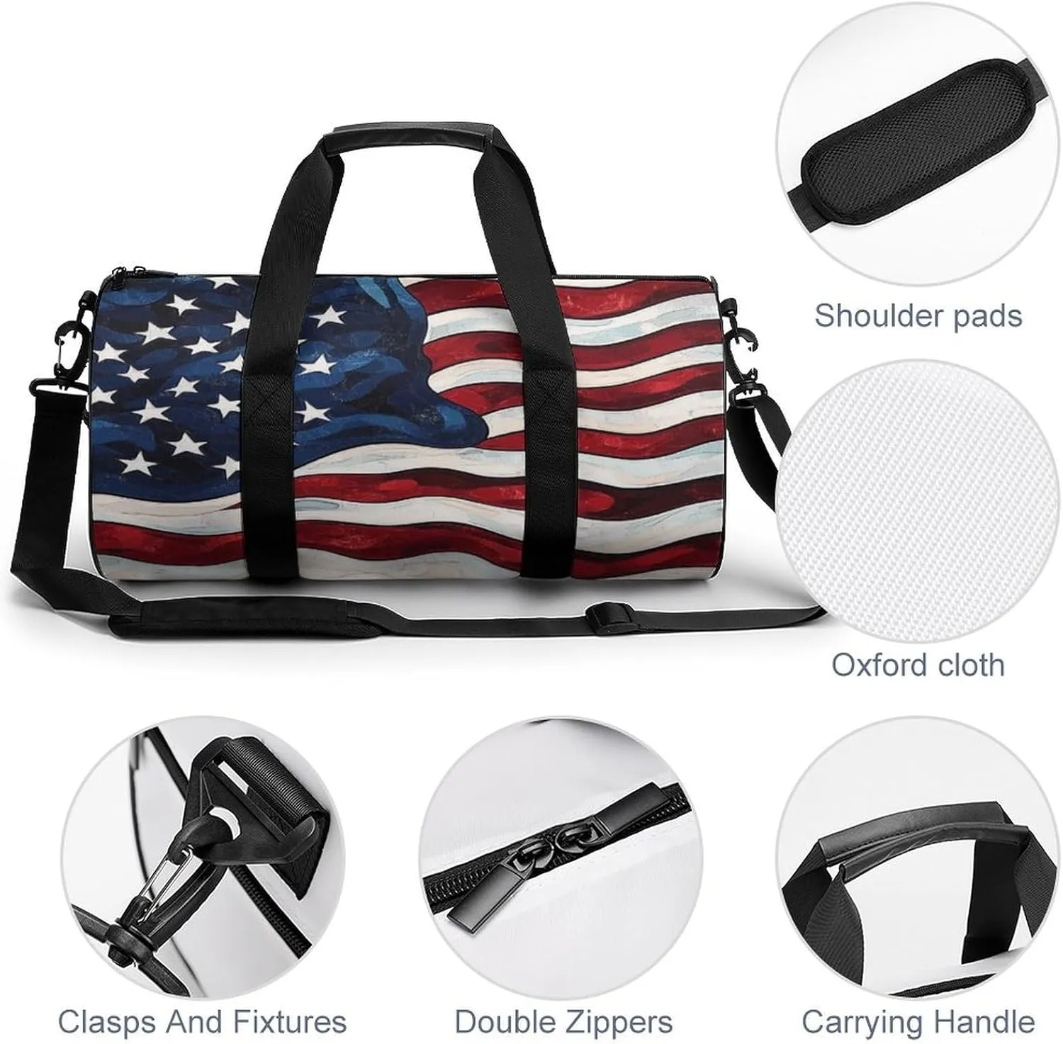 Gym Bag for Men Women Lightweight Sports Duffle Bag with Multiple Compartments Cylindrical Gym Bag for Fitness Travel And Outdoor Activities Ater Resistant Yoga Bag Training Bag American Flag