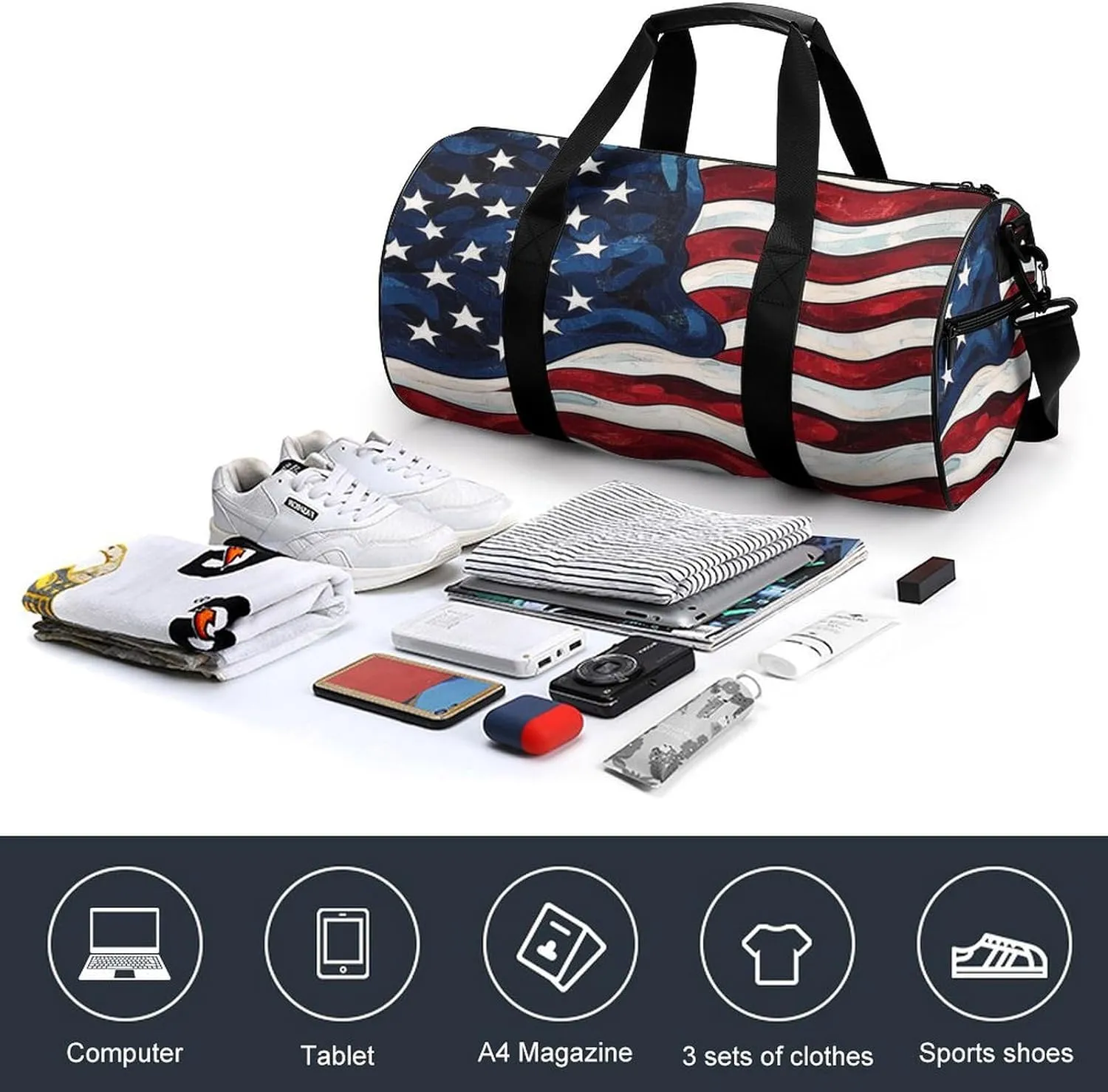 Gym Bag for Men Women Lightweight Sports Duffle Bag with Multiple Compartments Cylindrical Gym Bag for Fitness Travel And Outdoor Activities Ater Resistant Yoga Bag Training Bag American Flag