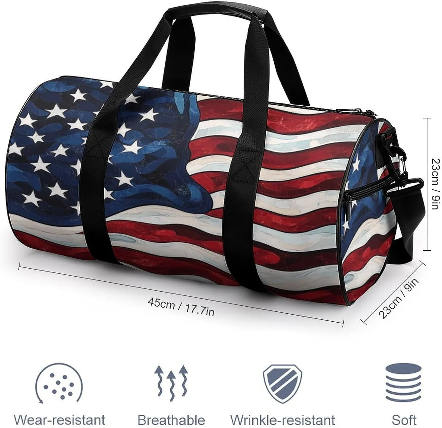Gym Bag for Men Women Lightweight Sports Duffle Bag with Multiple Compartments Cylindrical Gym Bag for Fitness Travel And Outdoor Activities Ater Resistant Yoga Bag Training Bag American Flag