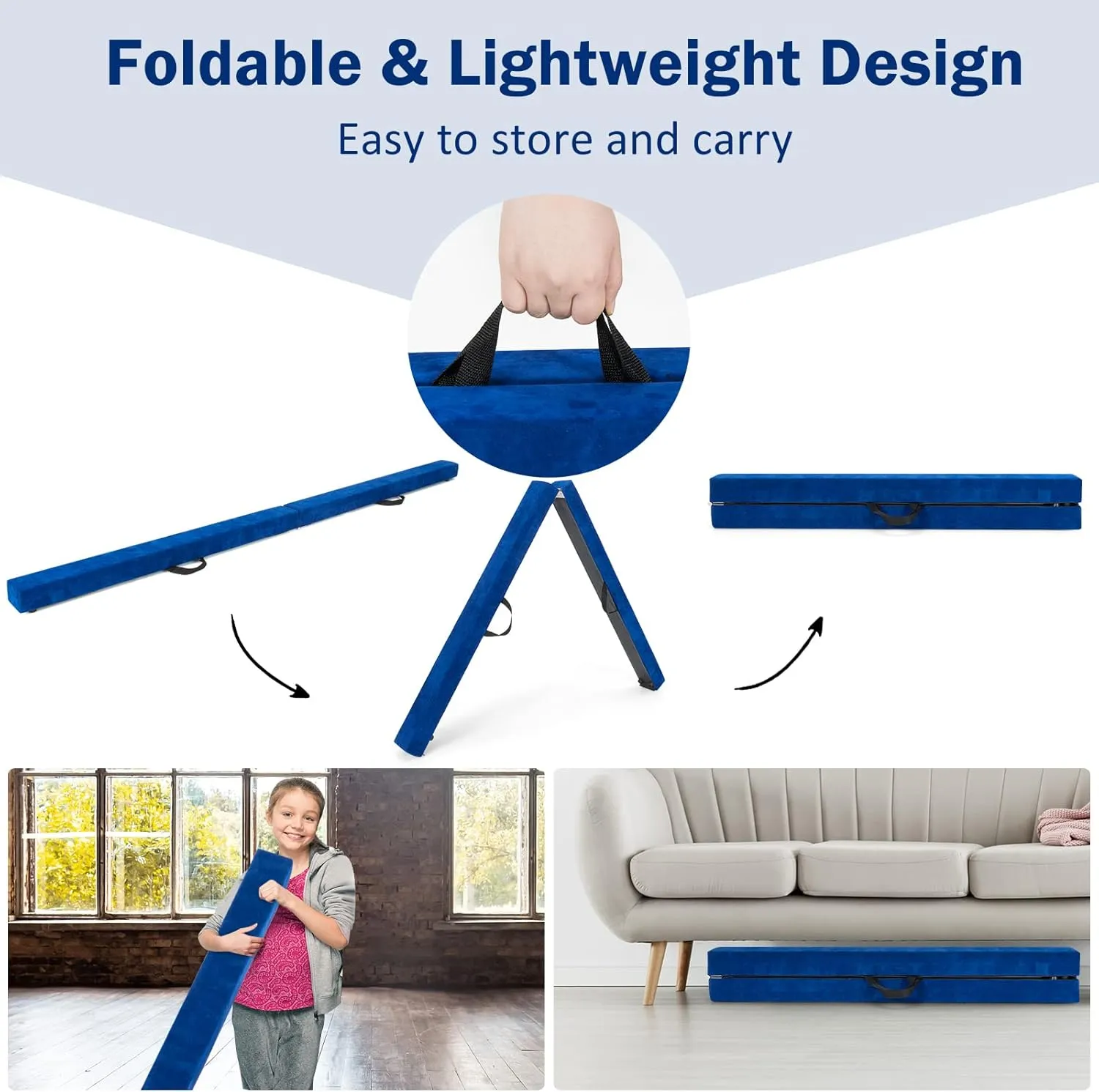 GYMAX 7/8/9 FT Folding Balance Beam, Foam Gymnastic Beam with Solid Wood Base, Carry Handle & Anti-Slip Bottom for Kids Teens, Portable Floor Gymnastics Equipment for Home Gym