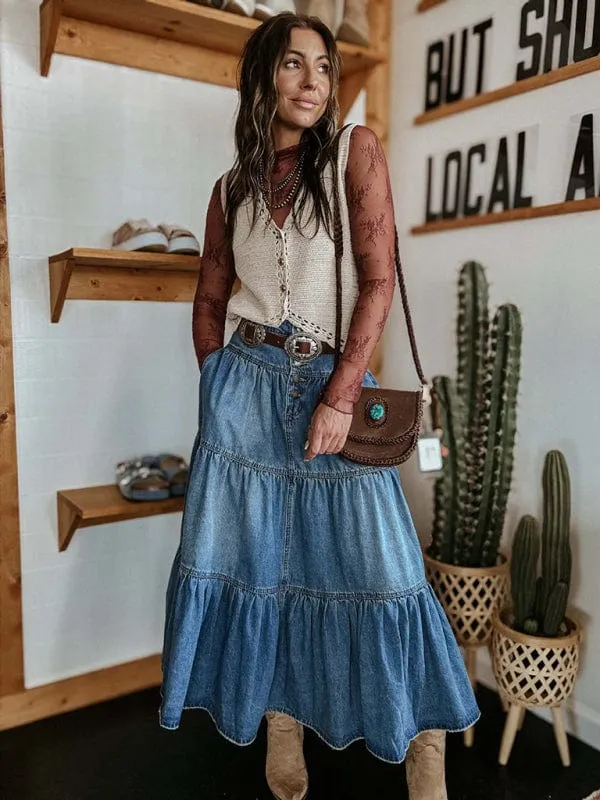 GYPSY GIRL - Bohemian A-Line Layered Denim Skirt