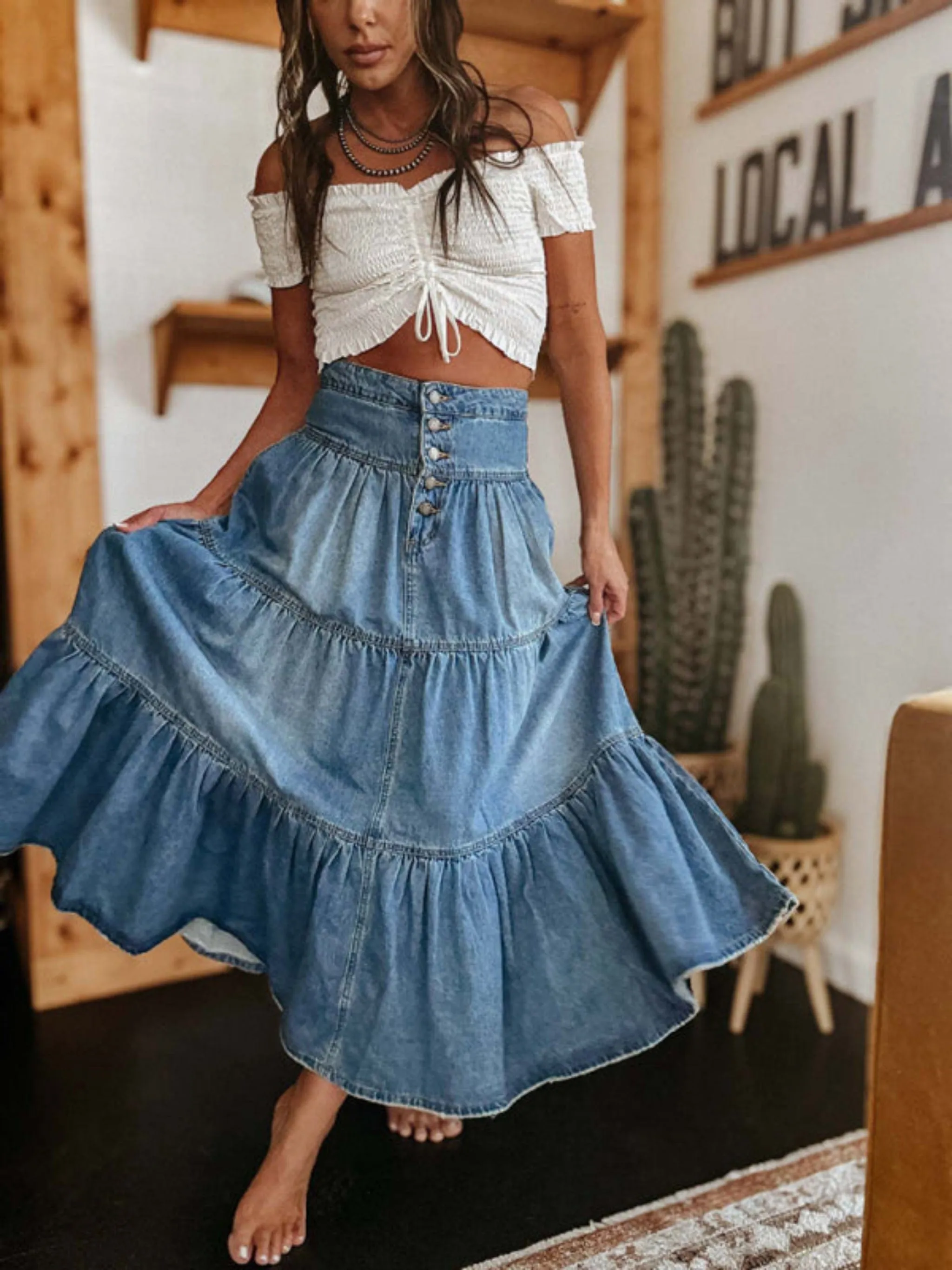 GYPSY GIRL - Bohemian A-Line Layered Denim Skirt