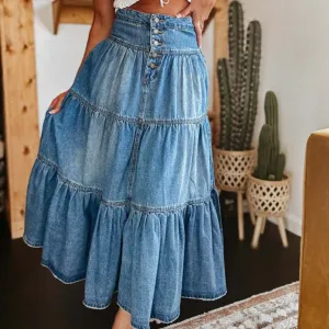 GYPSY GIRL - Bohemian A-Line Layered Denim Skirt