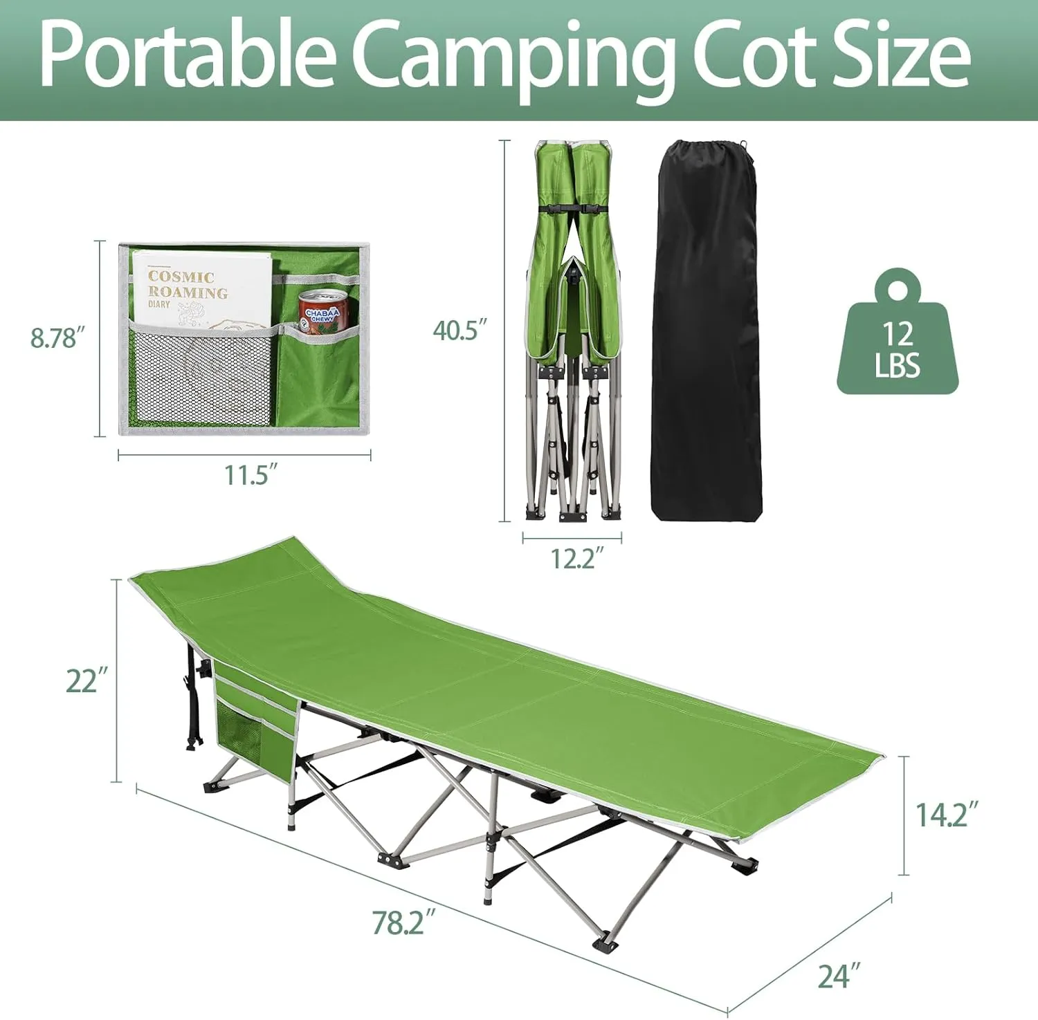 HAITRAL Portable Camping Cot with Mattress - Outdoor Folding Heavy Duty Sleeping Bed with Side Pocket for Adults - Oxford Single Lounge Chaise for Camping Tent Beach Office Max Load 300 LBS (Green)