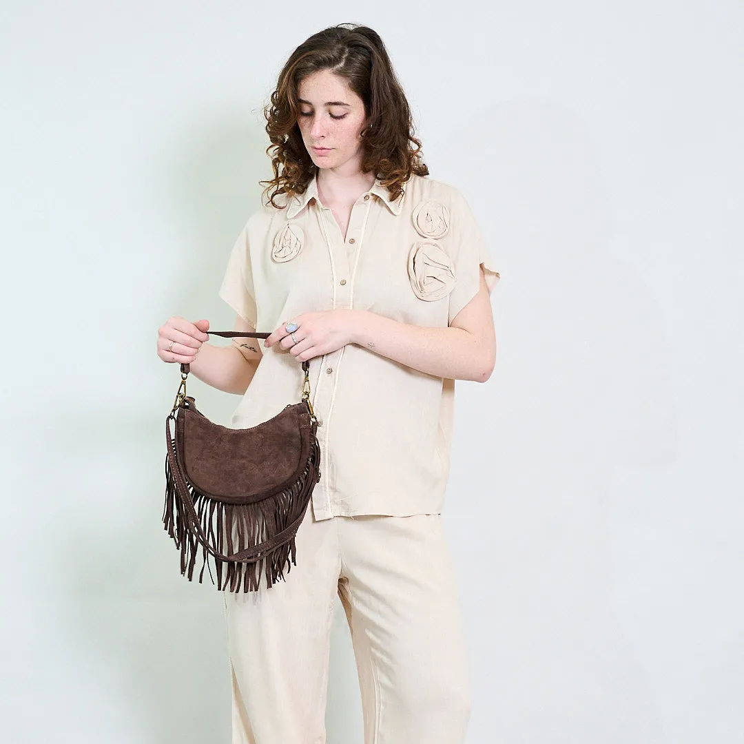 Half-moon suede fringe crossbody bag wholesale