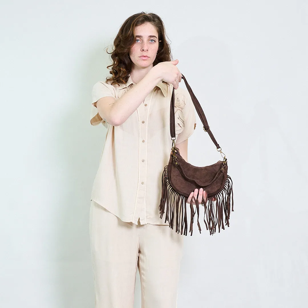Half-moon suede fringe crossbody bag wholesale