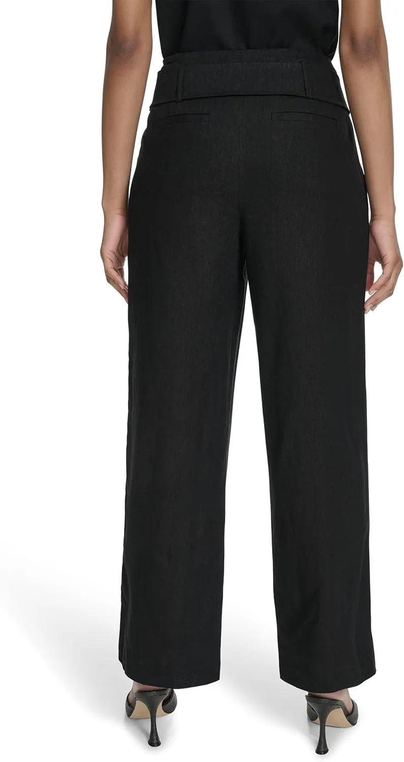 Halston Women's Straight Leg Linen Faux Belted Pant