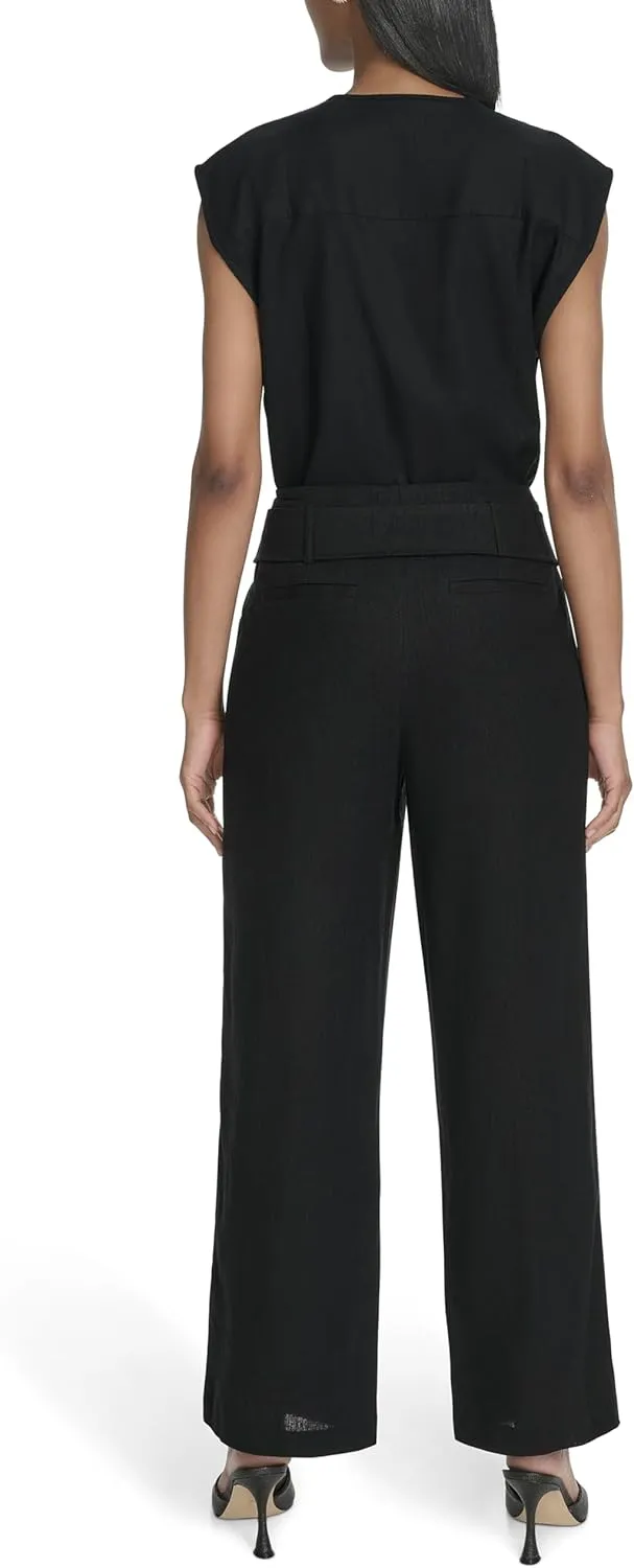 Halston Women's Straight Leg Linen Faux Belted Pant