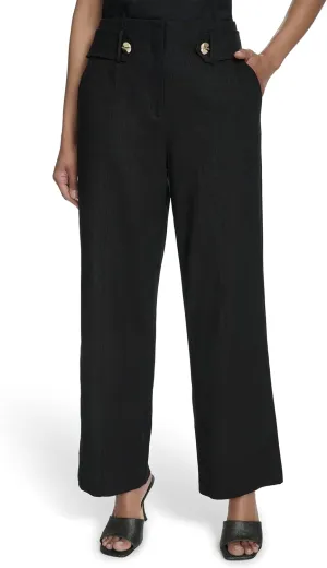 Halston Women's Straight Leg Linen Faux Belted Pant