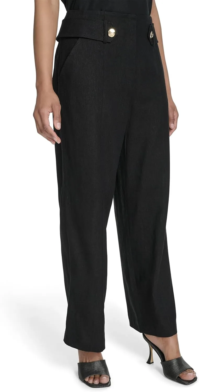 Halston Women's Straight Leg Linen Faux Belted Pant